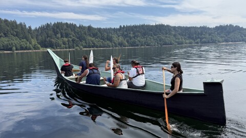 Aliya Choke guides a crew during a practice run at Solo Point for the tribal canoe journey 2026, to the Nisqually Medicine Creek Potlach, near Olympia. 