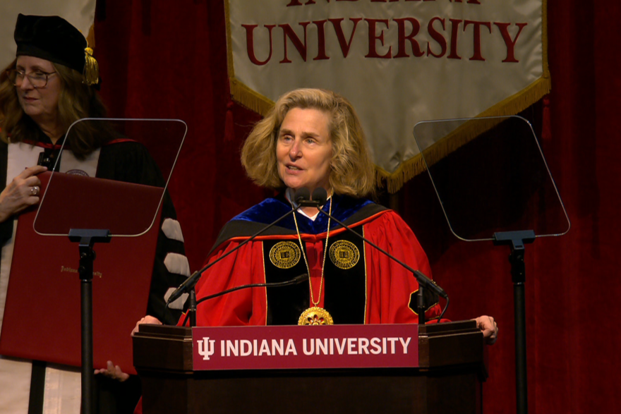 Indiana University President Pamela Whitten speaks at a commencement ceremony on May 9.