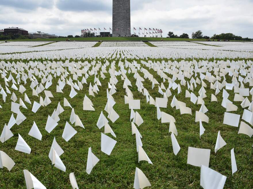 White flags are seen on the National Mall in front of the Washington Monument on Thursday.