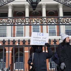 Protesters gather outside of the State House to protest against U.S. Immigration and Customs Enforcement on Jan. 29, 2026. 