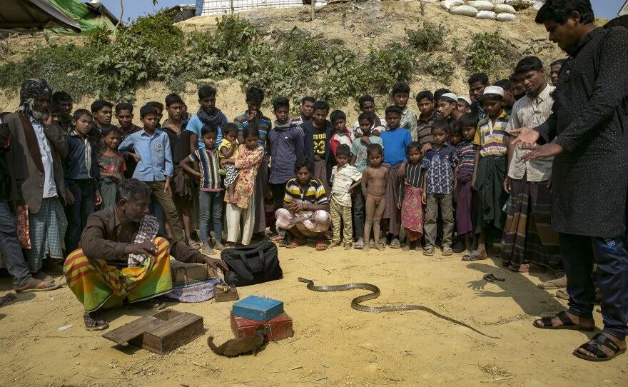With his snake-and-weasel show, a Bengali herbal medicine salesman (far right, in black tunic) draws a crowd at the Kutupalong refugee camp.