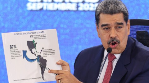 FILE - Venezuelan President Nicolas Maduro points at a map of the Americas during a new conference in Caracas, Venezuela, Sept 15, 2025.