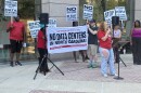 Protesters gather in front of the Charlotte-Mecklenburg Government Center.
