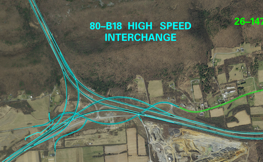 An aerial map of PennDOT's project to connect I-80 and I-99 in Bellefonte. The project will add a high-speed on ramp to cut down on congestion at the intersection.