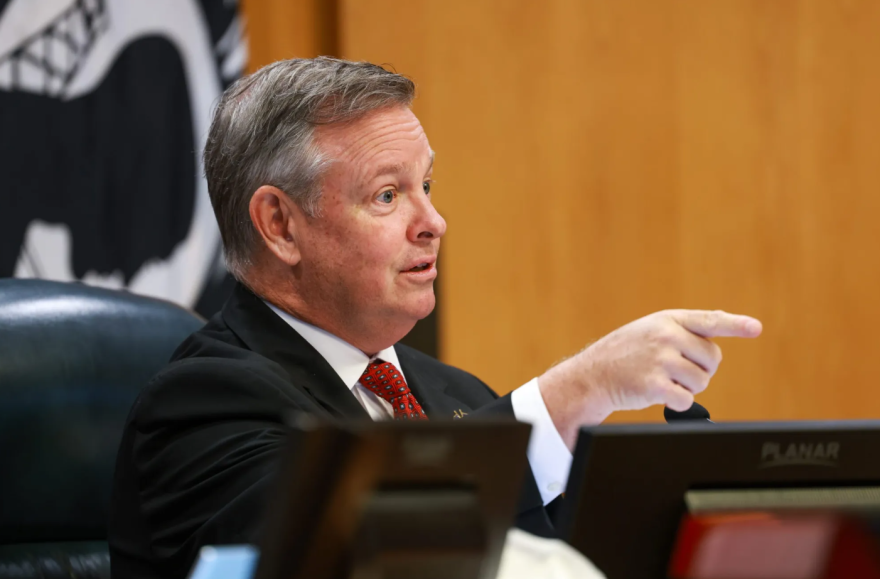 County Judge Tim O’Hare speaks during a Tarrant County Commissioners Court meeting Aug. 4, 2026, in Fort Worth.
