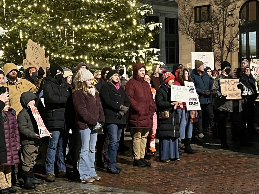 Protesters gather in Monument Square Park in Portland to voice opposition to federal immigration enforcement activities and mass deportation.