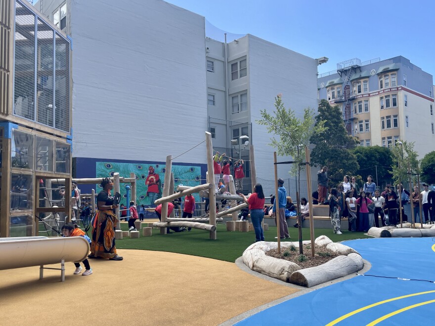 Children from nearby childcare centers and schools enjoy the newly renovated playground, featuring new play structures, a nature area, and