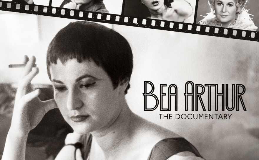 A black and white poster has black lettering and a photo of a woman with short dark hair who is holding a cigarette.