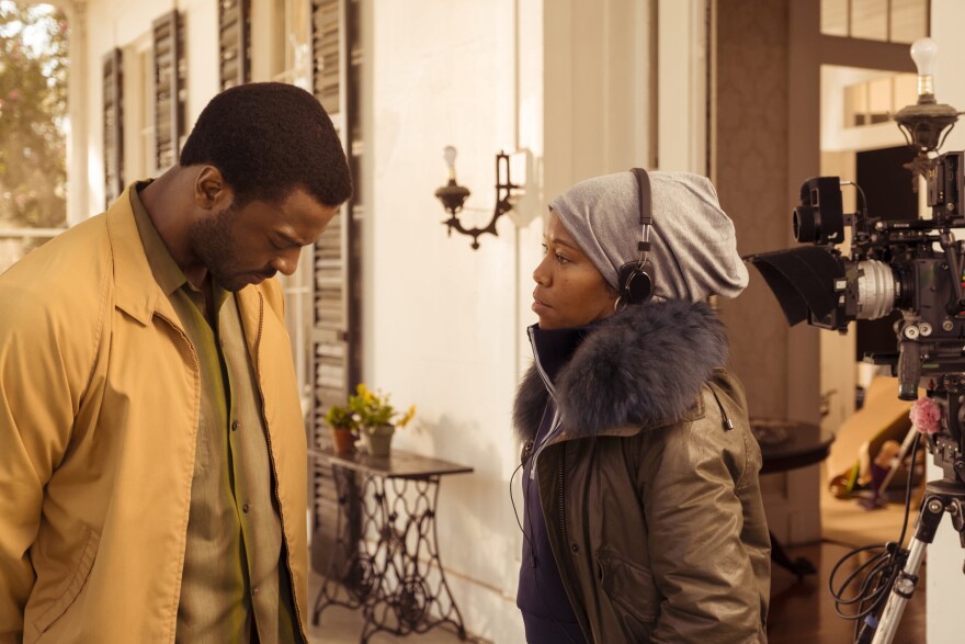 Aldis Hodge and director Regina King on the set of "One Night in Miami."
(Patti Perret/Amazon Studios)