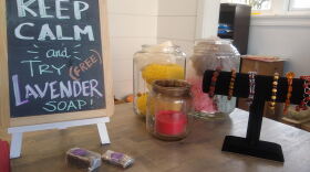 A sign that reads, "Keep Calm and Try Free Lavender Soap!"