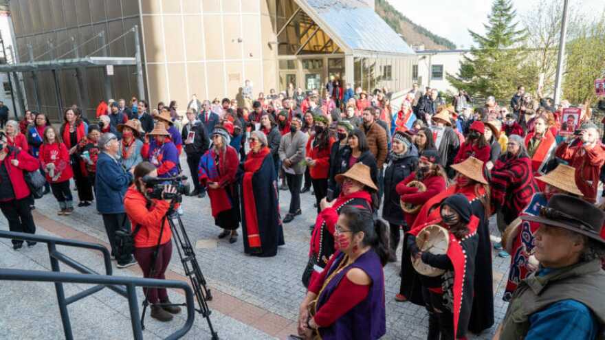 A group gathers at the steps of the Alaska State Capitol in Juneau on May 5, a national day of awareness for missing and murdered Indigenous People.
