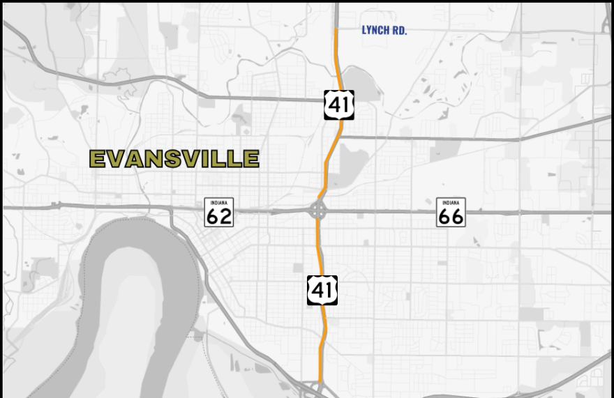 The stretch of U.S. 41 in Evansville that will be restricted at times for shoulder work though Mar. 13