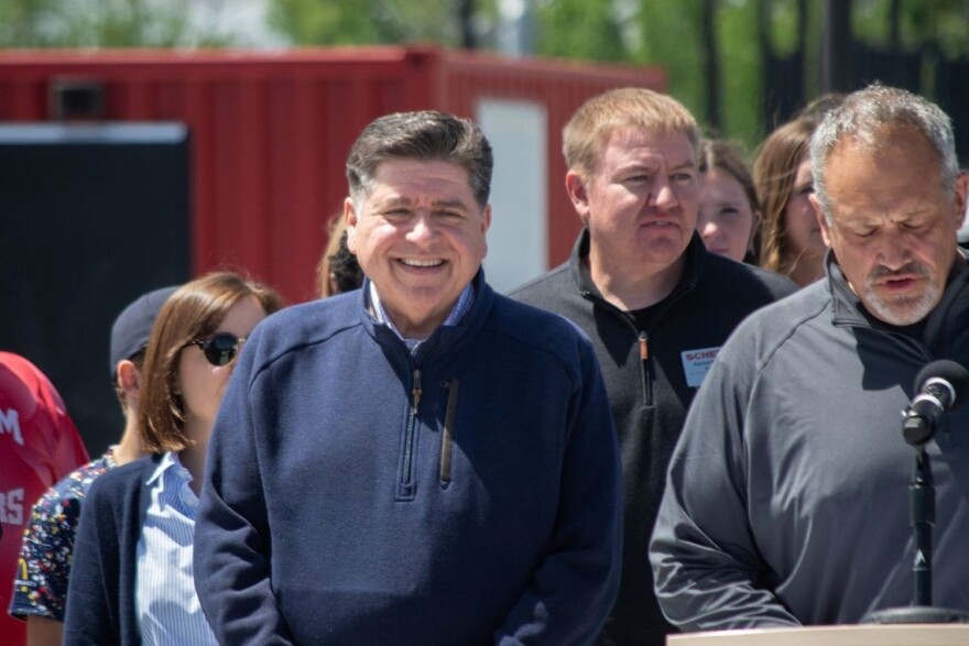 Gov. JB Pritzker participates in a news conference marking the opening of a new youth sports park in Springfield in April 2026. 