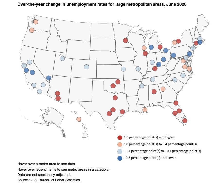 A map of unemployment change in selected metro areas of the United States. Northern Virginia, Hampton Roads and Richmond all ticked higher.