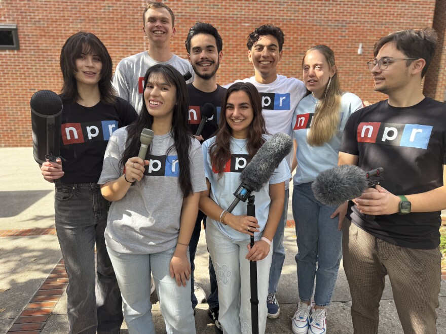 Student producers, from left, are Sofia Dinka, AJ Sheridan, Maria Avlonitis, Emiliano Luna, Ciara Carle, Gabriel Velasquez Neira, Krista Jensen, and Ailee Shanes. (Sydney Johnson/WUFT News)