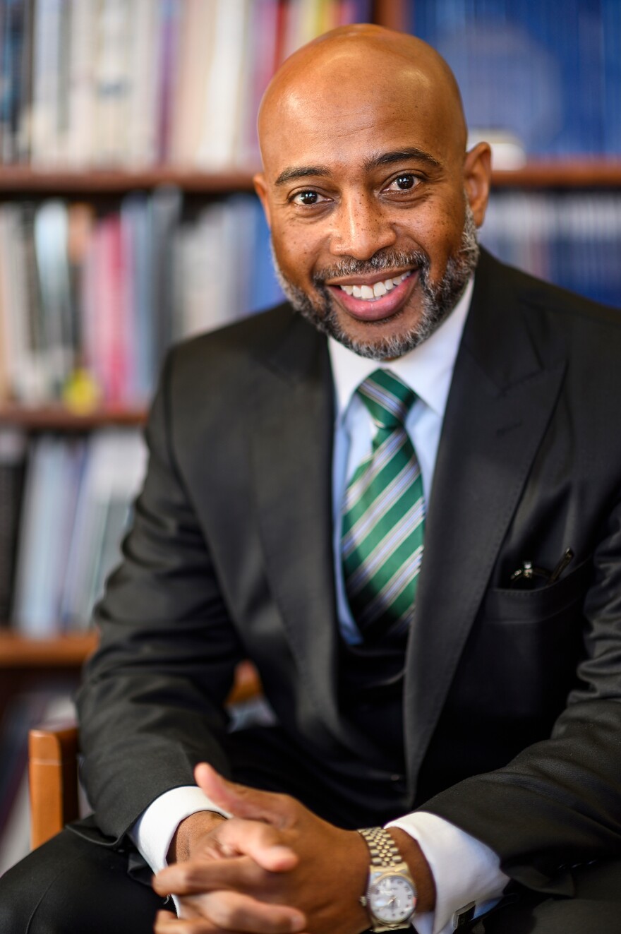 Jerlando JacksonVilas Distinguished Professor of Higher Education and Department Chair, and Educational Leadership & Policy Analysis, Director & Chief Research Scientist at the Wisconsin’s Equity & Inclusion Laboratory, School of Education at the University of Wisconsin–Madison, is pictured in a portrait at the Education Building the University of Wisconsin–Madison on Jan. 19, 2022. (Photo by Althea Dotzour / UW–Madison)