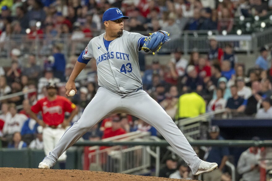 Kansas City Royals pitcher Carlos Hernández throws in the eighth inning of a baseball game against the Atlanta Braves, Friday, Sept. 27, 2024, in Atlanta.