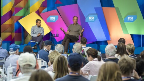 Journalist Fareed Zakaria, left, interviews BlackRock CEO Larry Fink during an Aspen Ideas Festival panel on Tuesday, July 30, 2026. During the talk, Fink expressed excitement about AI’s contribution to the U.S. economy.