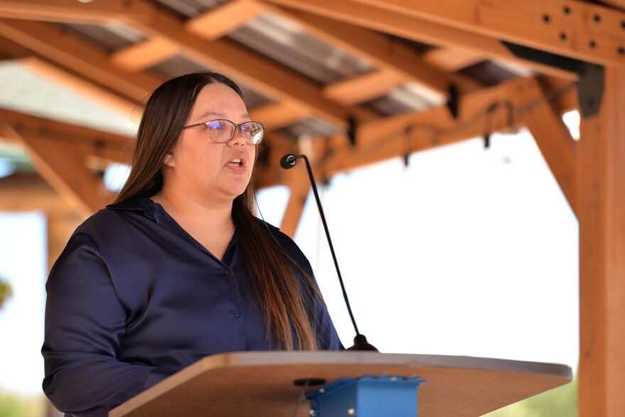 Breanna Miettinen, the Bryans' granddaughter, speaks at a commemoration ceremony for Helen Jean (Charwood) Bryan at White Oak Casino in Deer River on June 14, 2026. Helen and Russell Bryan were the lead plaintiffs in landmark Supreme Court case Bryan v. Itasca County.