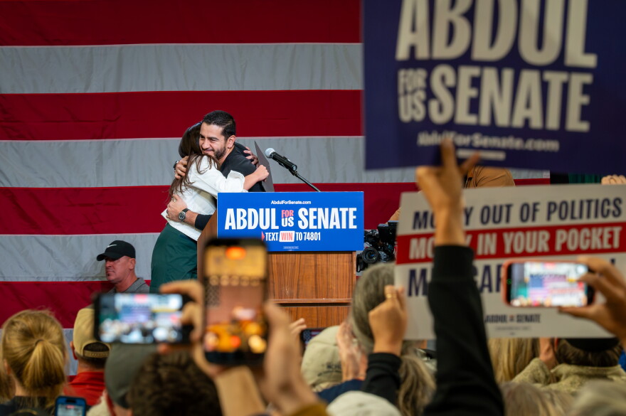 Democratic U.S. Senate candidate Abdul El-Sayed embraces New York Rep. Alexandria Ocasio Cortez at a rally on Thursday, October 16, 2026