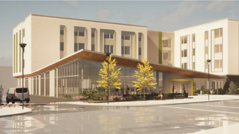A rendering of the new Cleveland Public Library's Walz Branch. The library will be connected to senior housing above and surrounding the location.