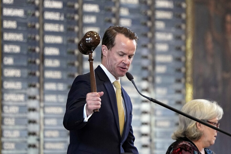 Speaker of the House Dade Phelan strikes the gavel in the House chamber where SB14 is being debated at the Capitol of Texas in Austin, Texas, Friday, May 5, 2023. SB14 would ban gender affirming health care for transgender children.