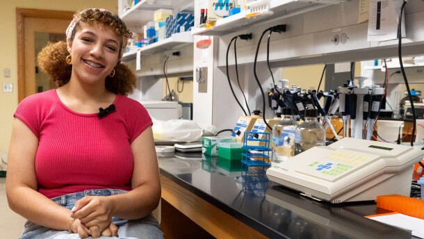 Bianca Kerr in the science lab of the Lyons Center at Elms College.