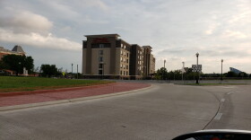 The roundabout outside of the Hampton Inn. 