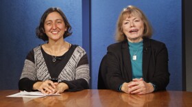 Anne Hillman (left) and Ellen Lockyer (right) host legislative candidates for the 2014 edition of Running. (Photo by Josh Edge, APRN - Anchorage)