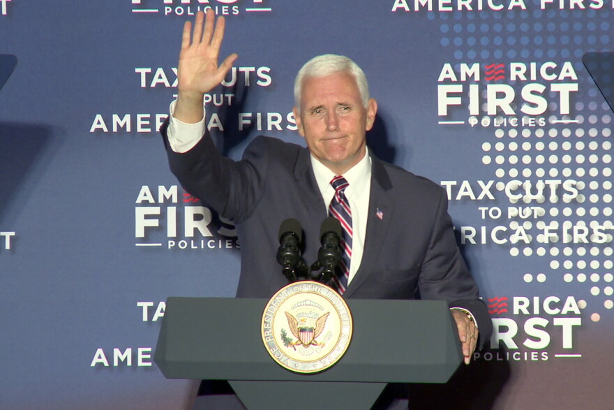 Vice President Mike Pence waves to a cheering crowd in Indianapolis. (Lauren Chapman/IPB News)