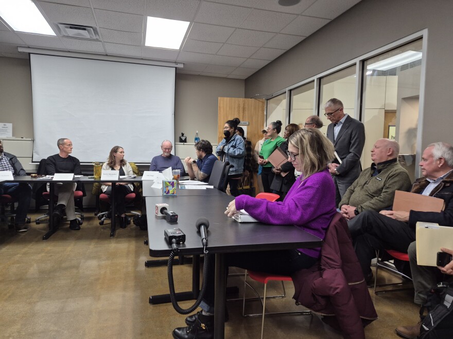 Lansing Planning Commission members listen to a masked resident express her concerns over a plan to build a data center near downtown.