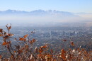 A view of the Salt Lake Valley with a visible layer of pollution in the air.
