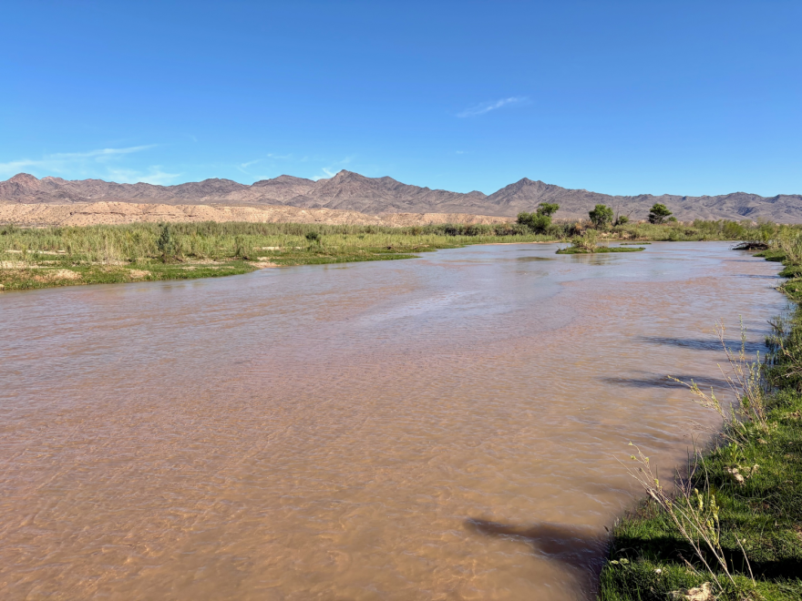 A shallow section of a river, turned brown from sediment, in a mostly-green mountain valley.