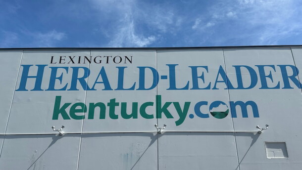 The masthead of the Lexington Herald-Leader newspaper is seen on the side of an office building where the paper was once located in Lexington, Kentucky