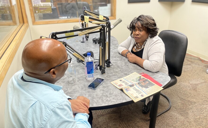 AJC writer Leon Stafford interviewing Debb Moore, host of "Jazz at Sundown" and "Sunday Jazz Suite"