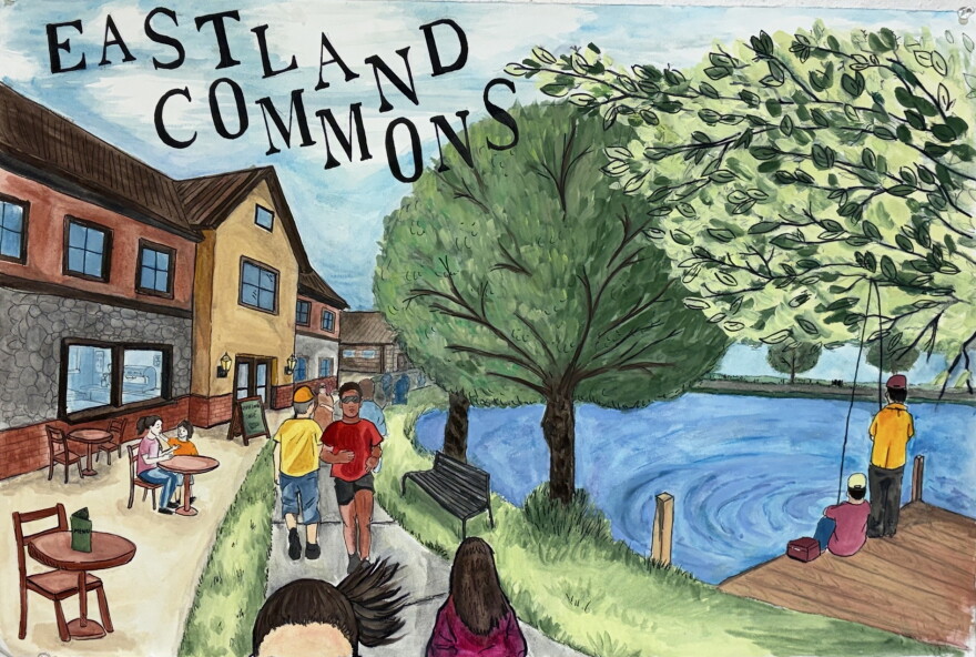 a hand drawn picture of people walking and jogging along a park path. A mother and child sit at a nearby table on the left side. Two people fish off a dock on the right side