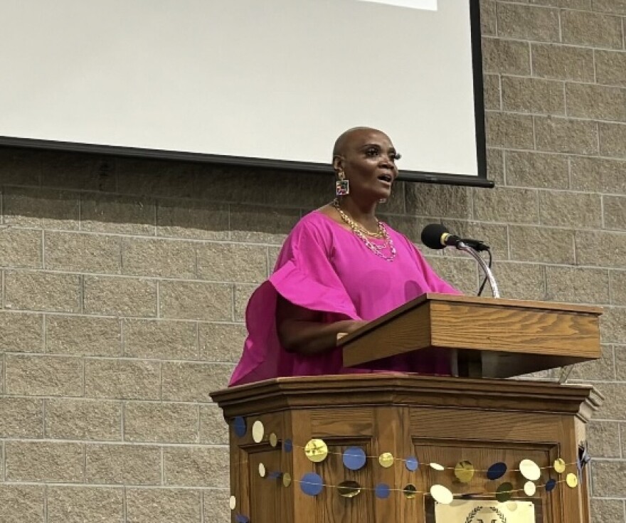 Domestic violence survivor, Jimmie Bridges, speaks about her experience of domestic abuse on Jan. 9, 2024, at Martin University. Bridges is also the executive director and CEO of Sista2Sista Inc. (Abriana Herron WFYI)