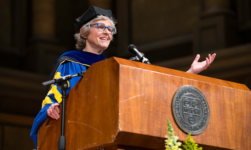 Mary Jo Heath '88E (PhD) delivers the 2016 Eastman School of Music commencement address. (University photo / J. Adam Fenster)