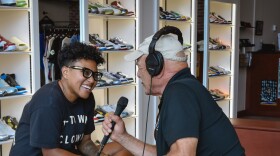 "Coop" Cooper (left) with Tom Wilmer at her Tulsa, Greenwood District Silhouette Sneakers & Art store.