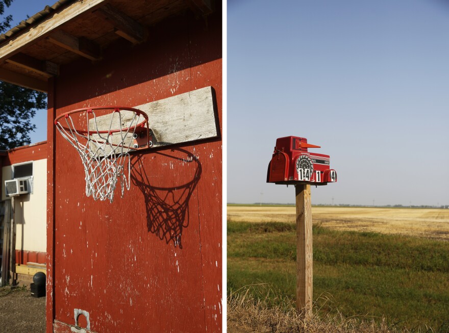 Left: The basketball hoop outside Angel's family's mobile home. Right: A mailbox by the road in Minto, N.D.