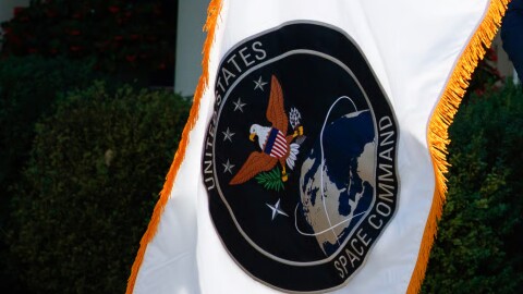 The flag of the U.S. Space Command at the White House, on Aug. 29, 2019. Last week, President Donald Trump announced plans to move the U.S. Space Command headquarters from Colorado to Alabama.