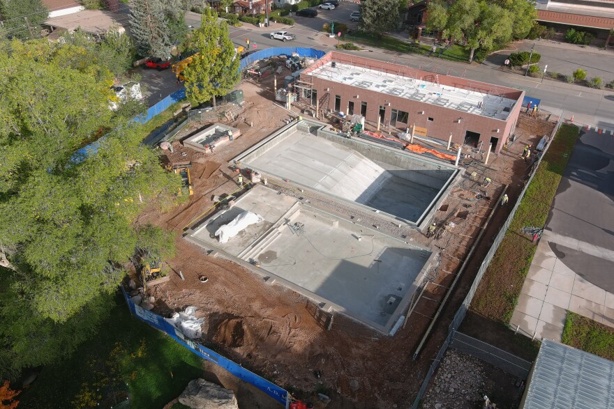 Crews work on the final construction stages of the Carbondale Aquatic Center in Oct. 2025. The facility will have a lap pool, a recreation pool, and spa, as well as a bathhouse and gathering spaces