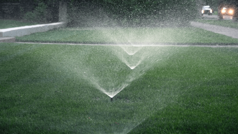 Sprinklers water a green lawn.