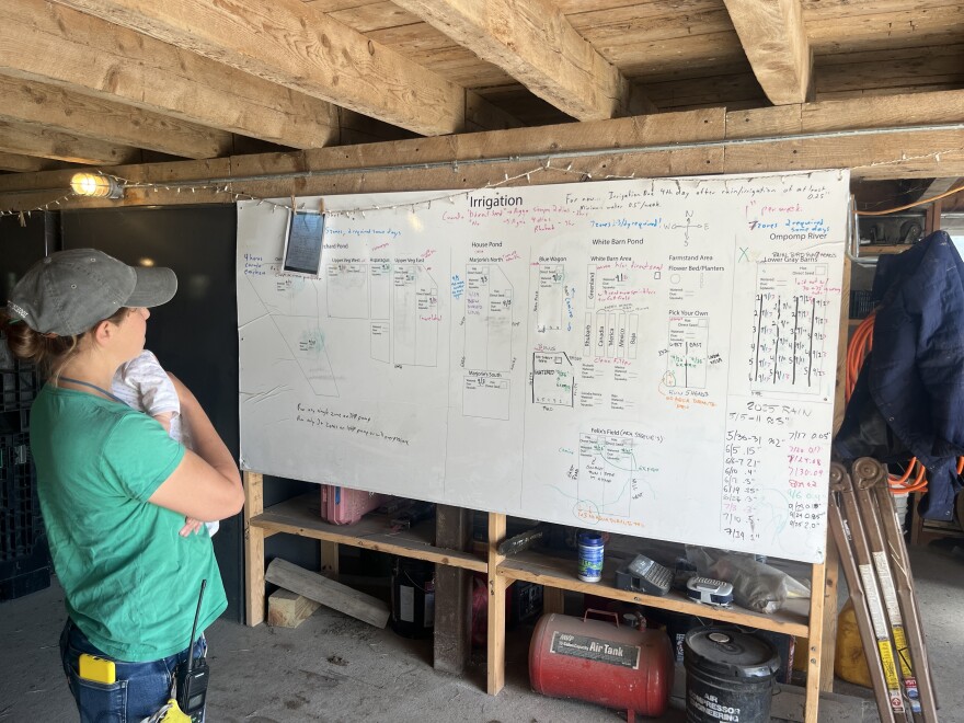 A woman holds a baby and stands looking at a white board that says "Irrigation" at the top.
