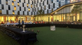 Staff from the University of Florida Office of Community & Belonging set up the tables and chairs for the Longest Table Event on Friday, Jan. 23, 2026.