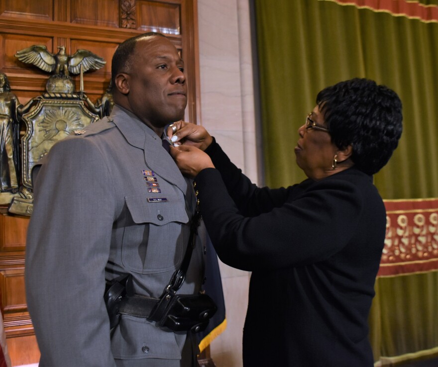 Steven G. James (left) was confirmed as superintendent of New York State Police in April 2024.