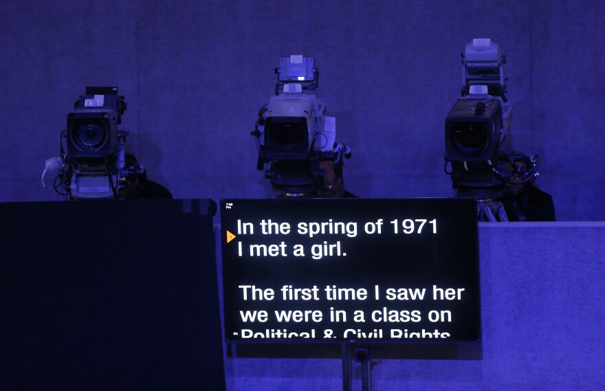 A teleprompter shows the beginning of Bill Clinton's speech.