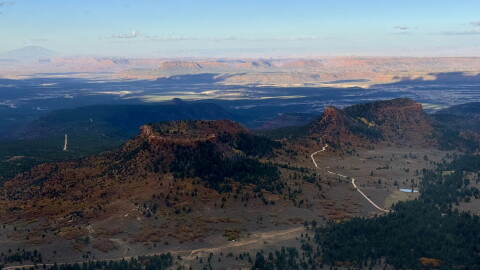 An aerial view of Bears Ears in Utah from inside an EcoFlight in October 2025.