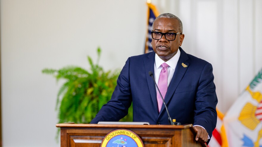 Pictured: Governor Albert Bryan Jr. speaks during a press conference.