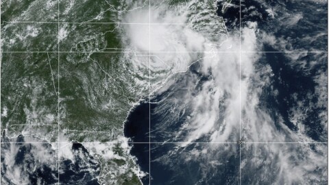 This image provided by the National Oceanic and Atmospheric Administration (NOAA) shows Tropical Storm Chantal as it moves from South Carolina into central North Carolina on Sunday, July 6, 2025. (NOAA via AP)